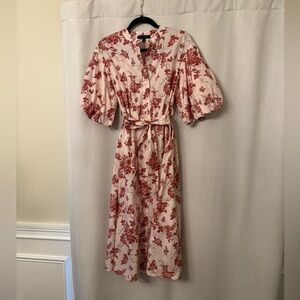 Banana Republic Floral Print Tie-Waist Puff Sleeve Midi Dress
